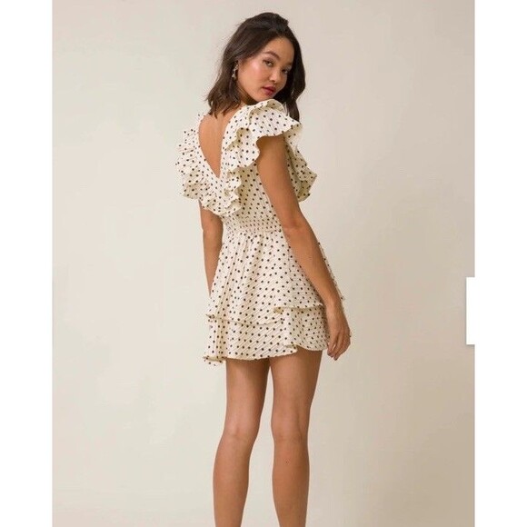 NEW LINE & DOT Kimmi Mini Dress Sz S Ivory Brown Dots Boho Ruffle Romantic - Picture 11 of 16